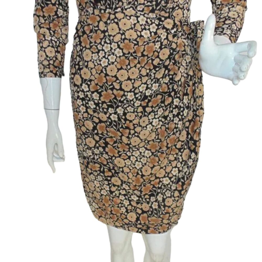 LIZ CLAIBORNE Dress, 8, Black/Tan Floral, Faux Wrap Skirt, Shoulder pads, VTG - Picture 11 of 13